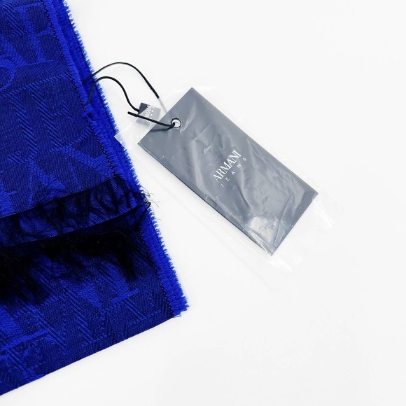 Armani Jeans Scarf Navy Blue Logo Fringe Virgin Wool Made in Italy Mens NWT - Picture 6 of 7